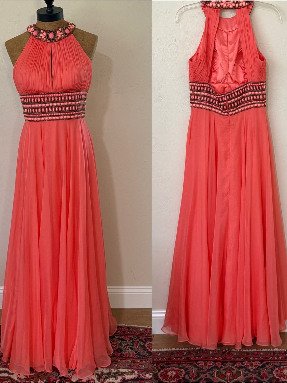 Sherri Hill coral high-neck halter pleated chiffon gown beaded waist & collar